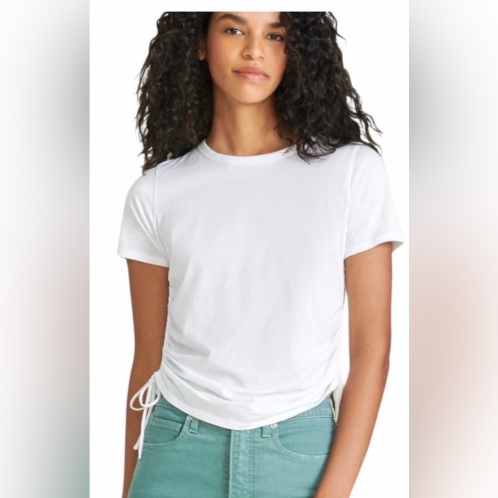 Veronica Beard Tazi White Ruched Short Sleeve Cotton Tee